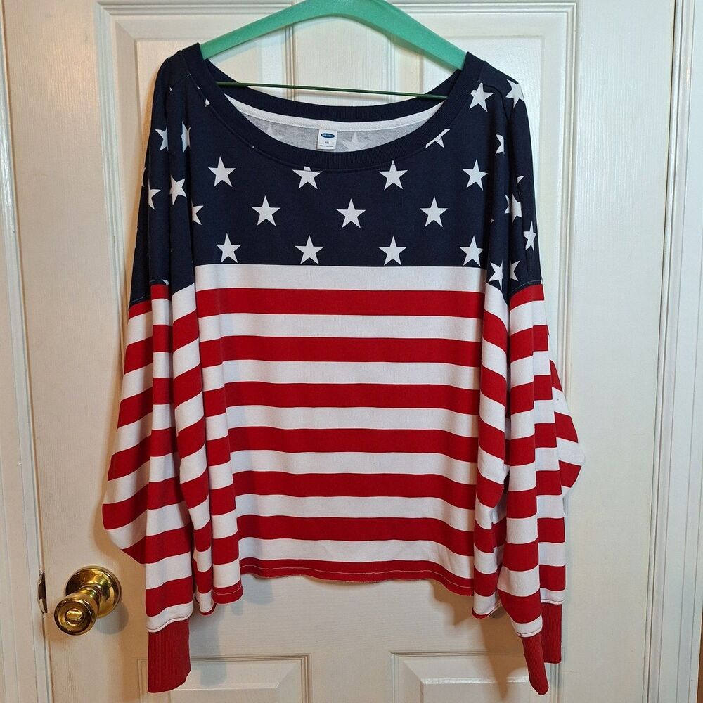 Old Navy American Flag Boat Neck Cropped Sweatshirt Americana Oversized Size XXL